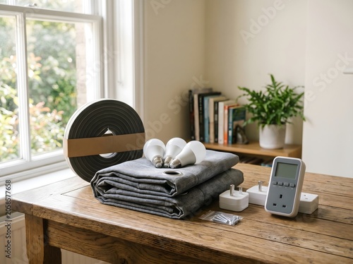 A clean home tabletop setup with a plug meter, LED bulbs, weatherstripping roll, folded thermal curtain fabric, and small energy-saving items for renter efficiency and household utility savings.