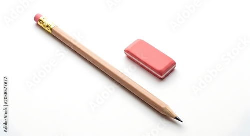 Wooden Pencil and Pink Eraser Arranged on Clean White Background