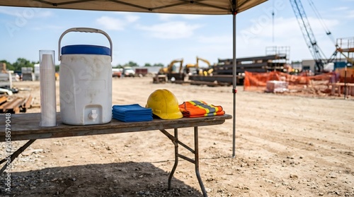 A construction site shade table arranged with a white water cooler, hard hat, gloves, and cooling supplies for worker hydration, heat protection, and summer safety training.