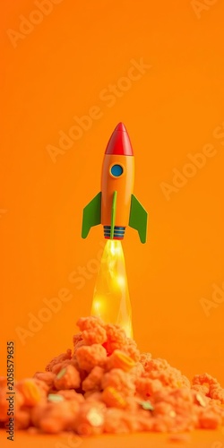 Colorful Rocket Toy Launching Against Vibrant Orange Background, orange background, bold colors