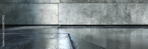 Minimalist industrial concrete wall and polished reflective floor illuminated by dramatic natural lighting in modern architectural interior space with geometric lines