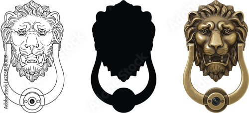 Schilderij op canvas Collection of lion head door knockers including line art silhouette and realisti