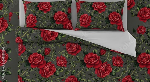Dark Floral Bedding Set with Red Rose Pattern Arranged on Bed