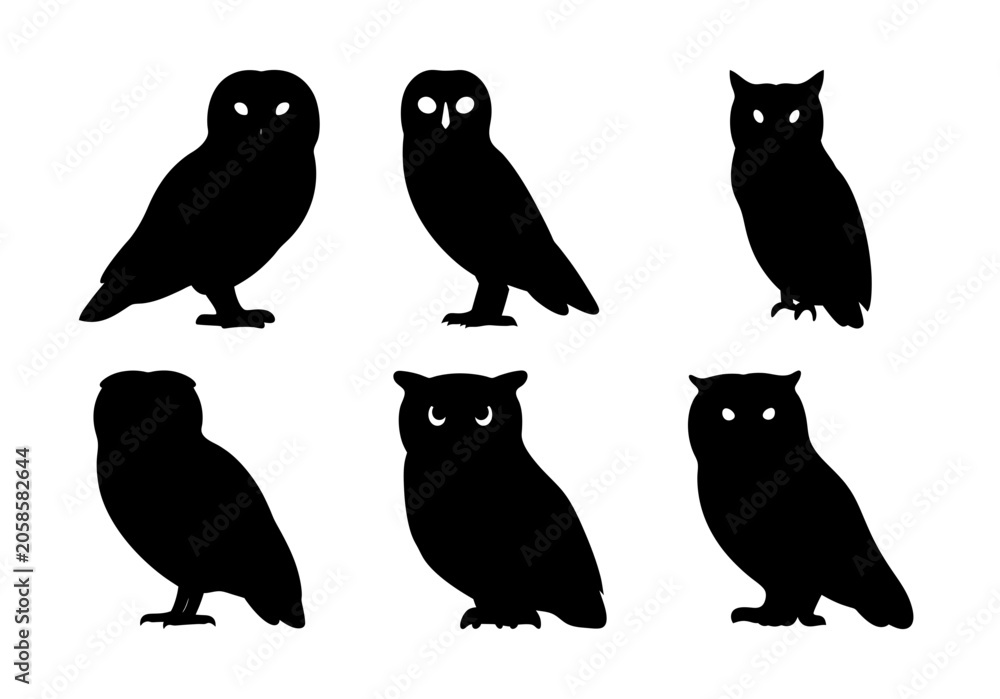 Fototapeta premium Six black silhouettes of different owl styles - A clean set of six stylized black owl silhouettes in various poses, perfect for nature, fantasy, or educational projects.