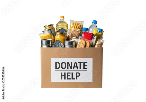 An overflowing, new cardboard donation box filled with unbranded non-perishable food on a white background with 'DONATE' text. Concept of community support and social responsibility