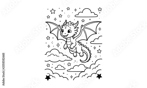 Cute baby dragon flying in night sky with stars and clouds, black and white line art coloring page for kids.
