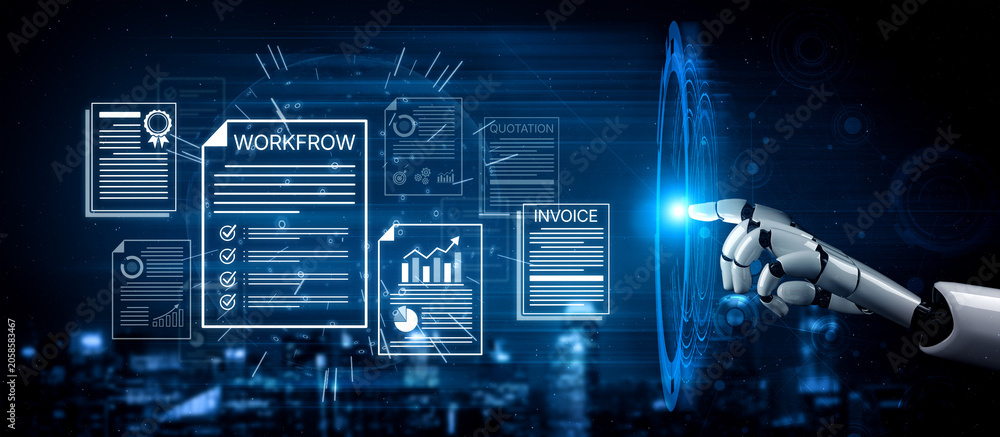Obraz premium Futuristic Robotic Hand Interacting with Digital Documents Illustrating Automation, Workflow, and Invoice Management in Business Environment. Bitwise.