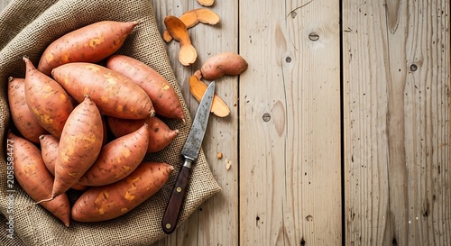 Fresh Sweet Potatoes with Peelings and Knife on Rustic Wooden Table