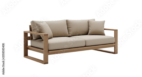 Modern wooden outdoor sofa with comfortable beige cushions for garden patio or backyard lounge area isolated on transparent background