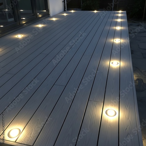 Modern Wooden Deck Illuminated by Recessed Lights on Outdoor Patio