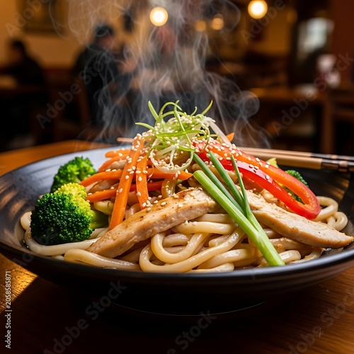 Steaming Chicken Udon Noodle Bowl with Fresh Vegetables in Cozy Restaurant