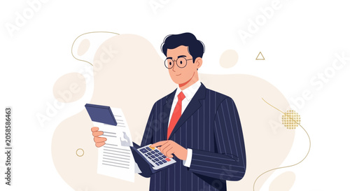 Accountant Calculating Finances with Calculator and Documents, Business Professional in Suit