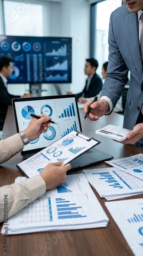 Business meeting with financial charts and data analysis on laptop  tablet  and papers  showcasing corporate strategy and progress