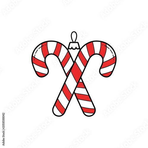 Festive Red and White Candy Canes Crossed with Ornament Top on White Background
