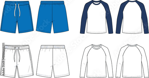 Schilderij op canvas Set of Men Sportswear Fashion Flat Technical Sketch Templates Featuring Blue Dra