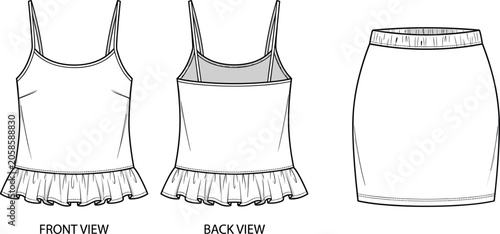 Quadro su tela Set of Women Summer Fashion Flat Technical Sketch Templates Featuring Ruffle Hem