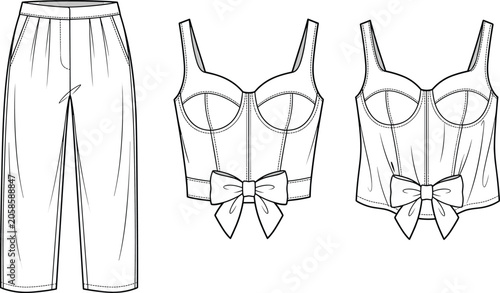 Foto Set of Women Summer Apparel Fashion Flat Technical Sketch Templates Featuring Wi