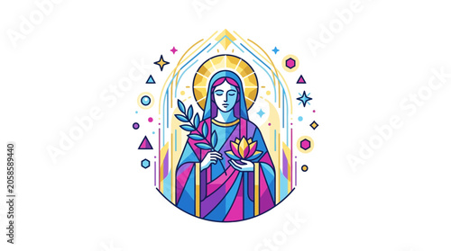 Tableau sur toile Virgin Mary with Palm Branch and Lily Flower, Geometric Stained Glass Art