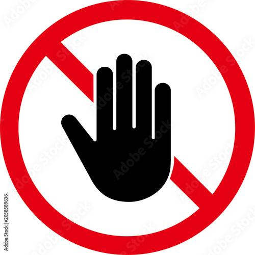 A red circle with a diagonal line over a black hand, symbolizing stop or no entry.