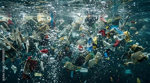 Floating Plastic Waste Polluting Ocean Water Near Surface