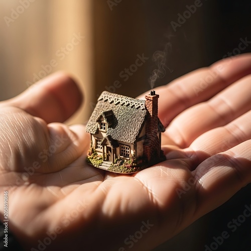 Tiny Rustic Cottage Resting in Open Hands with Warm Sunlight