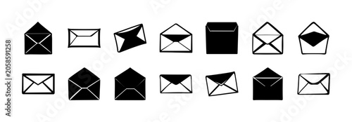 Set of modern envelope icons in black and white - A clean collection of stylized envelope icons showing various states like open, closed, and with arrows, perfect for web and app design projects.