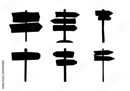 Set of six black road direction sign icons - Simple collection of six black directional road signs in a clean, minimal style for graphic design projects or maps.