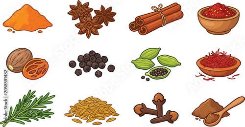 Spices and Herbs Vector Collection with Cinnamon Star Anise Turmeric Cardamom and Cumin Symbols for Cooking Food Packaging Restaurant Menus and Culinary Graphic