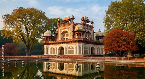Ornate Historic Mausoleum Reflecting in Garden Pool with Autumn Trees