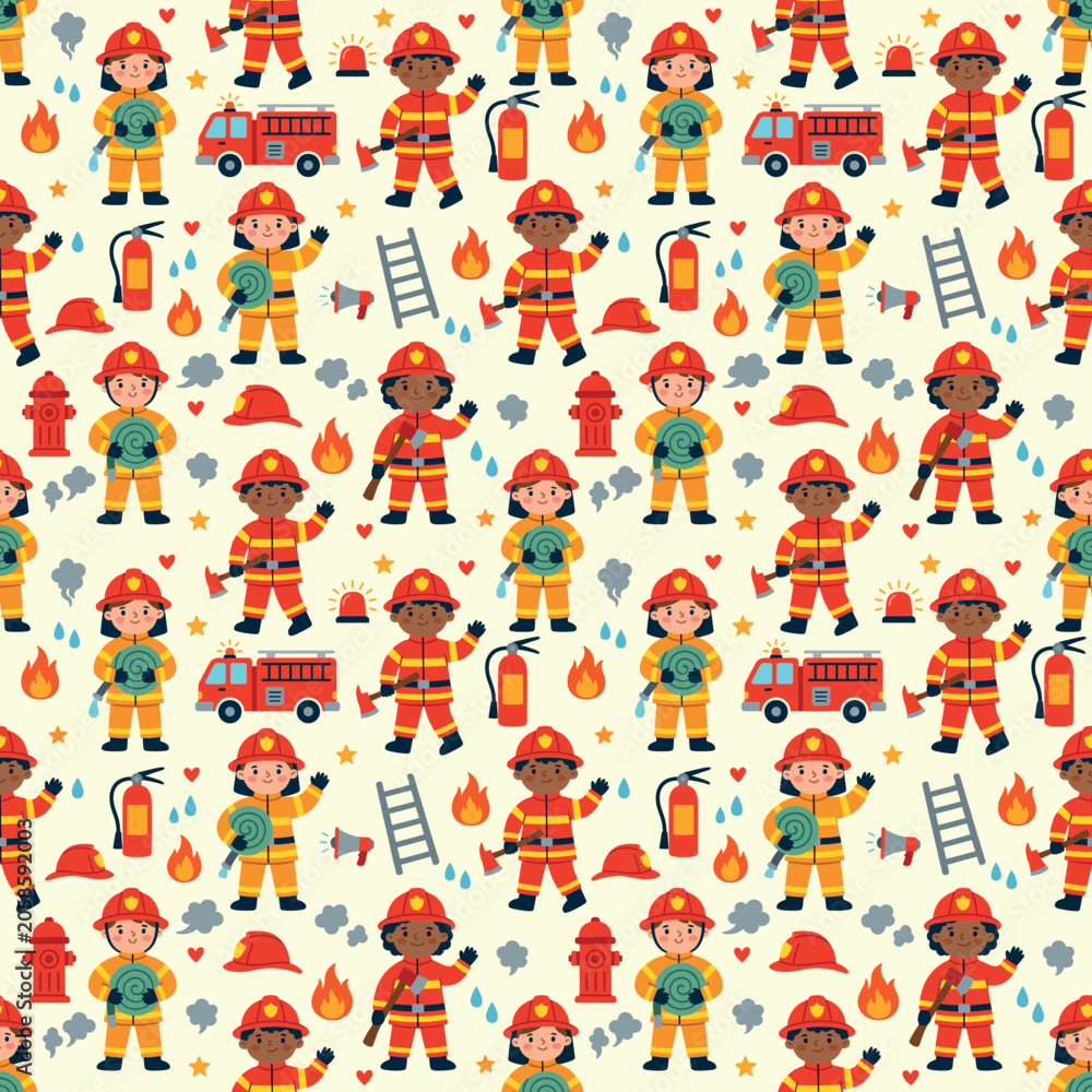Obraz premium Firefighter Pattern Seamless Vector Pack, Cartoon Fireman and Firewoman with Rescue Trucks and Hydrants Illustration, Kids First Responder Surface Ornament Design Elements EPS