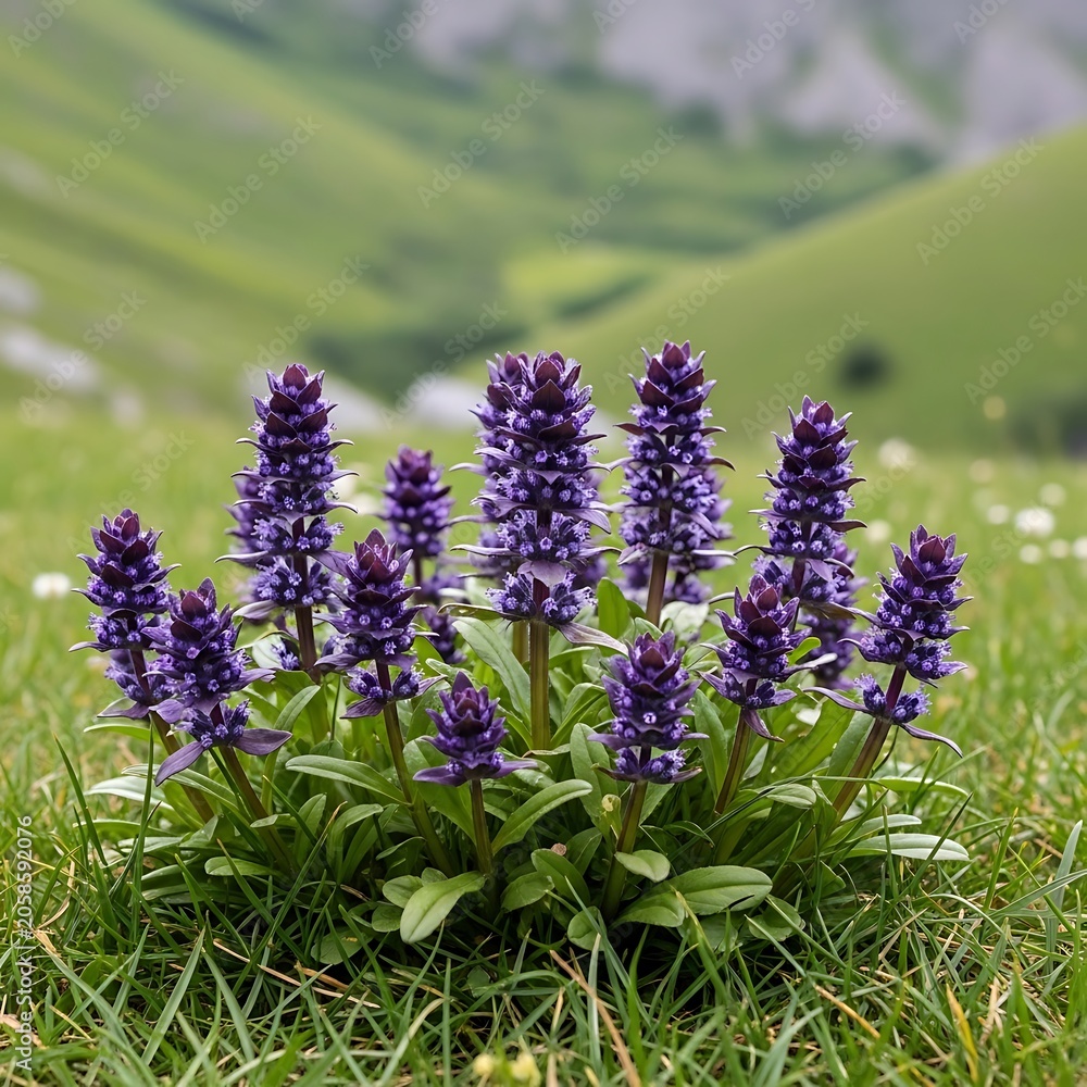 Obraz premium Purple Wildflowers Blooming in Green Alpine Meadow
