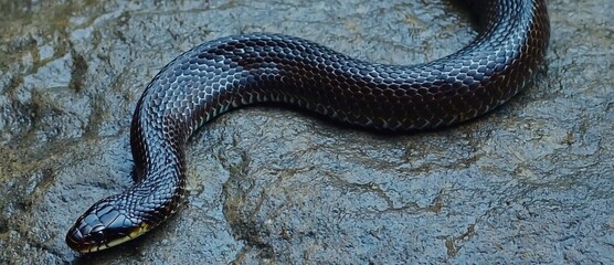 Black snake slithering over wet rock. Dangerous Australian reptile in natural habitat. Wild serpent with shiny scales moving on stone. Wildlife photography of predator in nature.
