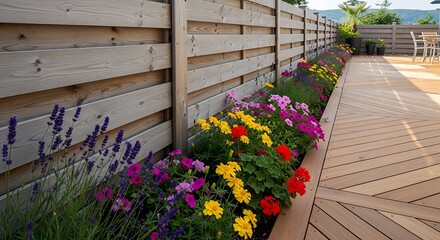 A long wooden fence bordering a vibrant flower planter box filled with colorful blooms next to a modern wooden deck.