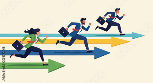 Fotografija Diverse group of business people running fast on colorful arrows pointing forward symbolizing competition career advancement and pursuit of corporate success