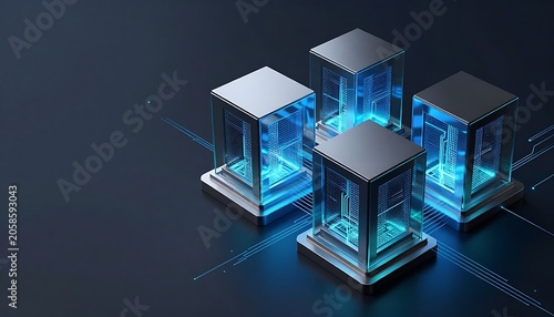 Abstract 3D Glass Cubes Glowing with Cybernetic Data Processing Lines