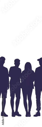 Silhouette of seven friends standing together in casual attire against a white background, bond, casual wear
