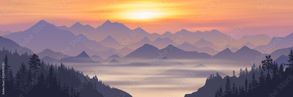 Fototapeta premium Sunset in the mountains, ridges in the evening light and fog, minimalistic landscape, vector illustration
