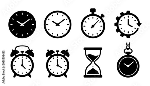 Canvastavla Collection of 8 Black and White Timekeeping Icons: Clocks, Stopwatches, Hourglas