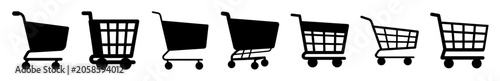 Fotografie Flat shopping carts icon set with handles - Minimalist vector icon set of six shopping carts lined up, featuring simple handles for a clean and modern design