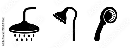 Fotografía Three shower head icons in black and white - Minimalist black and white vector icons showing different types of shower heads: fixed, handheld, and rain shower head