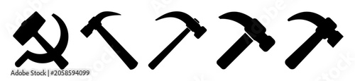 Photos Black communist symbols and pickaxe icons set - Minimalist black vector icons showing communist symbols, sickle, hammer, and pickaxe for editorial or political designs