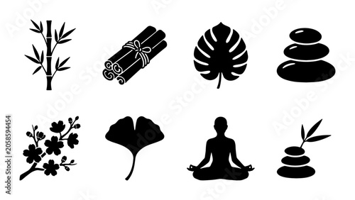 Canvas Print Zen Spa Elements Vector Icons: Bamboo, Cinnamon, Tropical Leaf, Stacked Stones,
