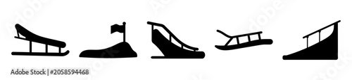 Foto Flat design ski jump silhouettes collection - Minimalist black and white ski jump silhouettes in flat design style, showing various jumping positions for sports and winter themes
