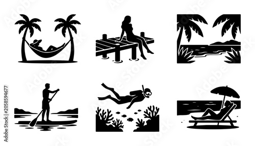 Fotografía Tropical Beach Vacation Icons, Summer Holiday Silhouettes, Relaxation and Advent
