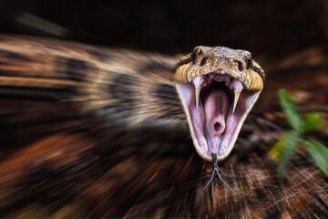 Death adder striking with mouth open and fangs exposed. Dangerous venomous Australian snake on forest floor. Wildlife nature photography of lethal predator in attack mode. Wild reptile concept.