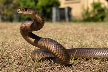 Eastern brown snake raising its head on dry grass. Venomous reptile from Australia. Wildlife photography of an aggressive wild animal, danger in nature and biodiversity concept.