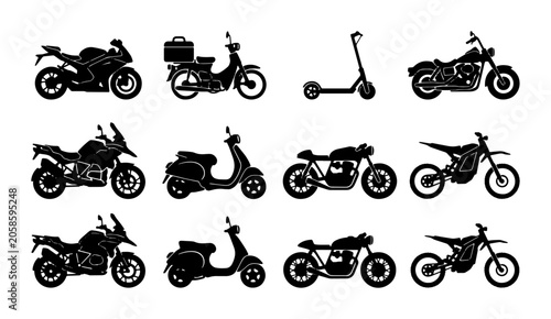 Bild auf Leinwand Diverse Motorcycle and Scooter Icons Set: Sportbike, Scooter, Electric Bike, Caf