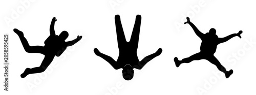 Obraz na plátně Silhouette of skydiver free falling in mid-air - Black silhouette vector icons showing a person skydiving in different free-fall poses against a plain background, ideal for adventure or sports themes