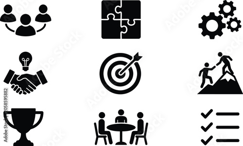 Business and teamwork icons representing collaboration puzzle gears handshake target mountain climbing trophy and meeting vector art