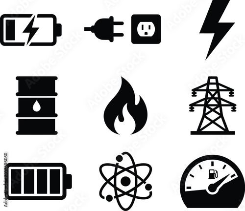 Energy and power icons including battery plug lightning oil barrel flame atomic symbol and electricity pylon vector art